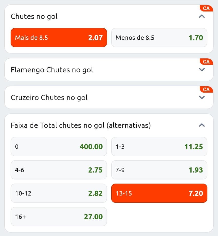 Captura de tela com odds referentes ao momento dos mercados de Chutes no Gol da Betano