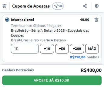 Captura de tela com apostas de longo prazo no Brasileirão na casa de apostas Betano