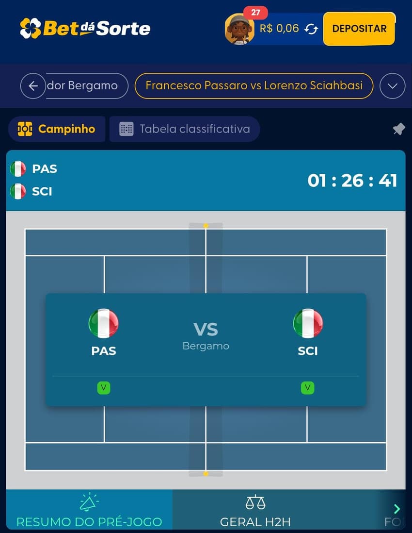 : Captura de tela de aposta no tênis na Bet Dá Sorte