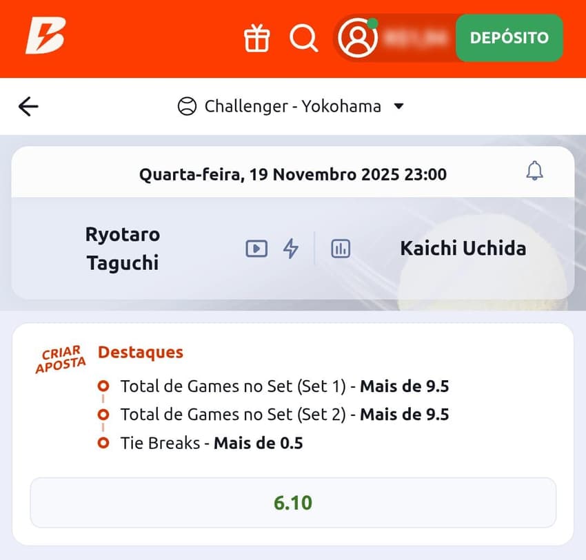 Captura de tela da aposta em tênis na Betano