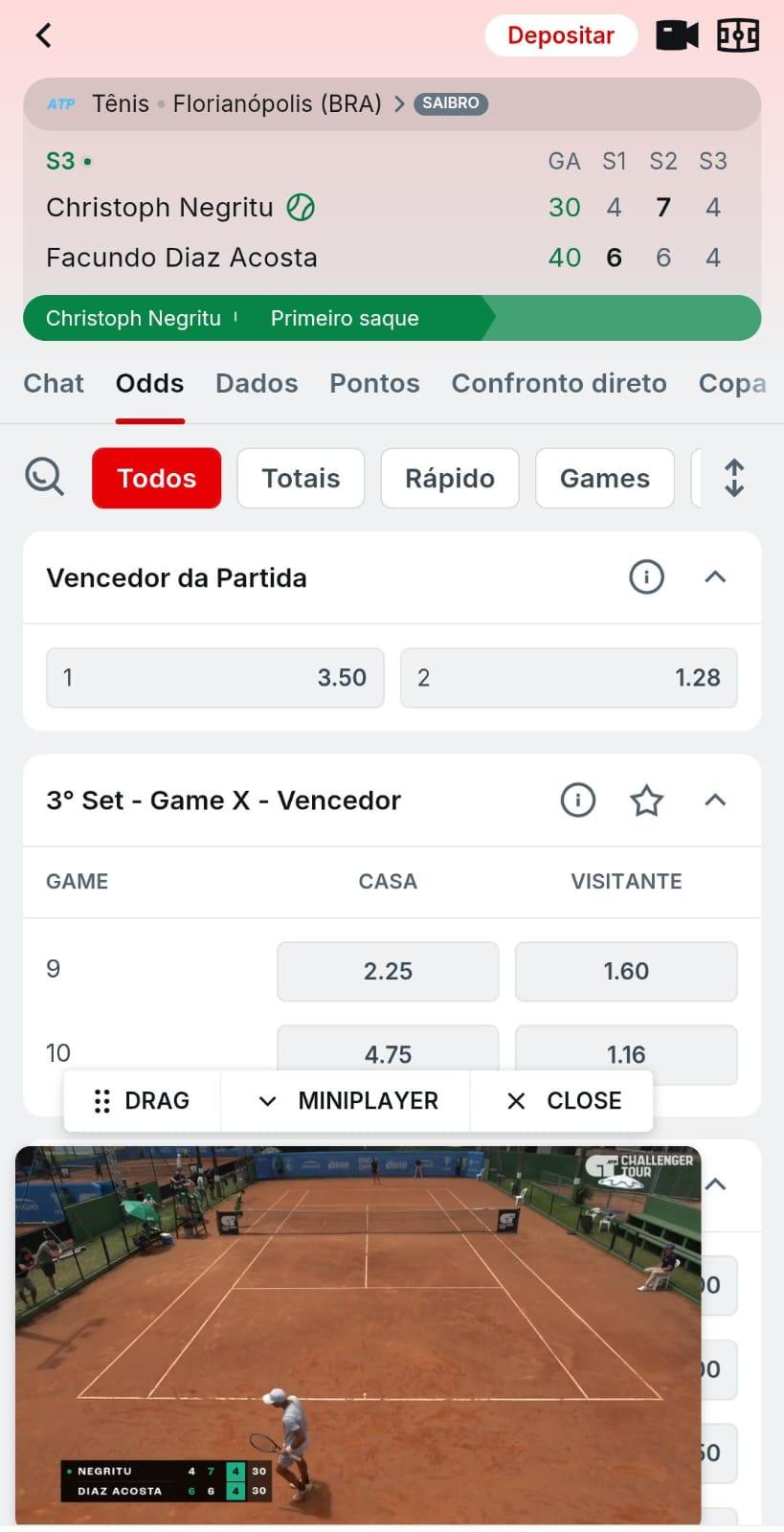 Captura de tela de aposta em tênis na Superbet