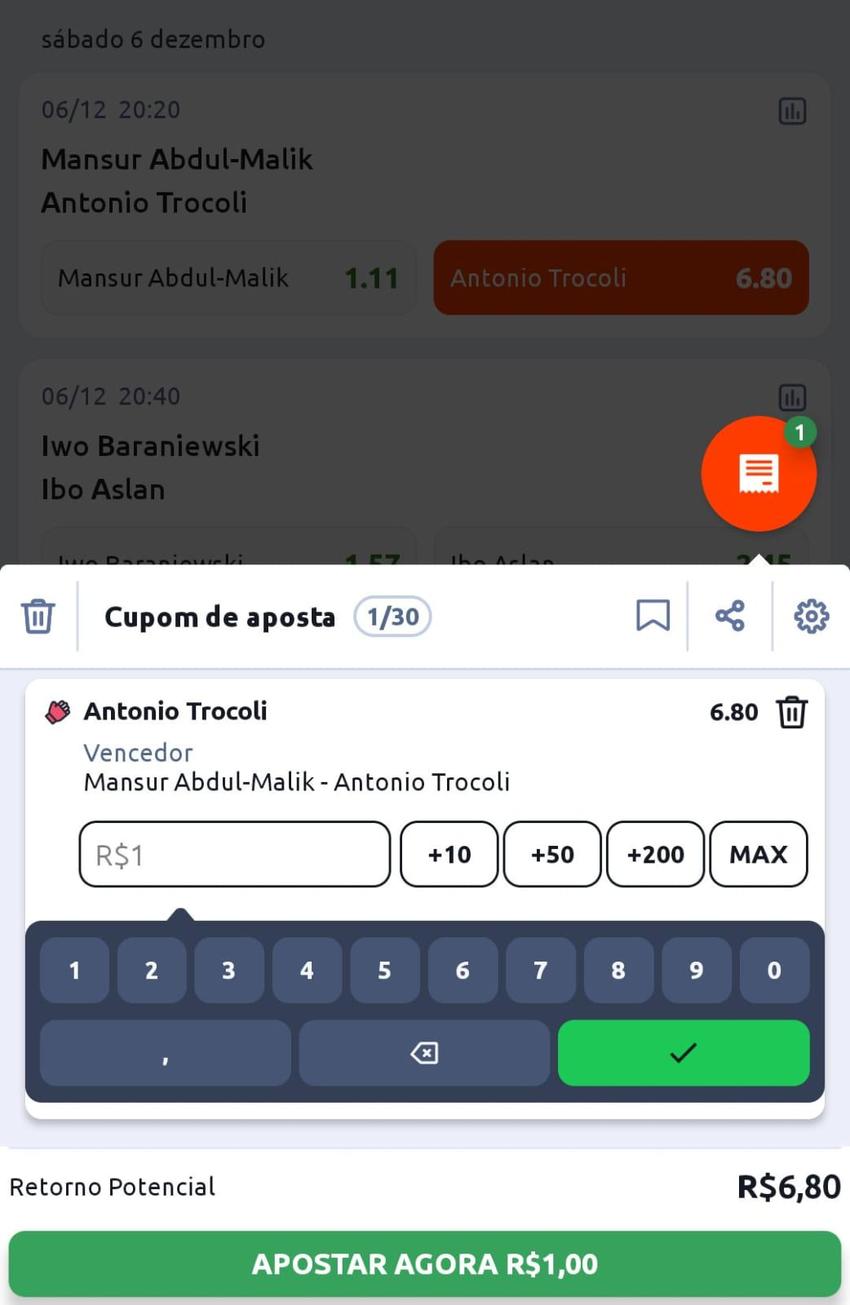 Captura de tela da aposta em UFC na Betano