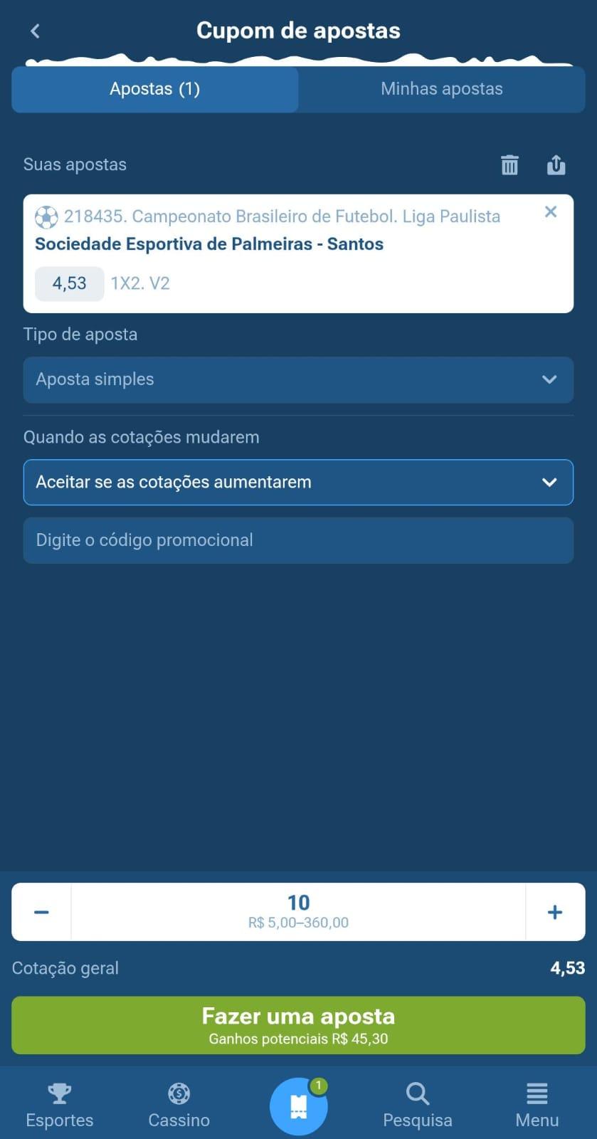 Captura de tela de uma aposta esportiva na 1xBet