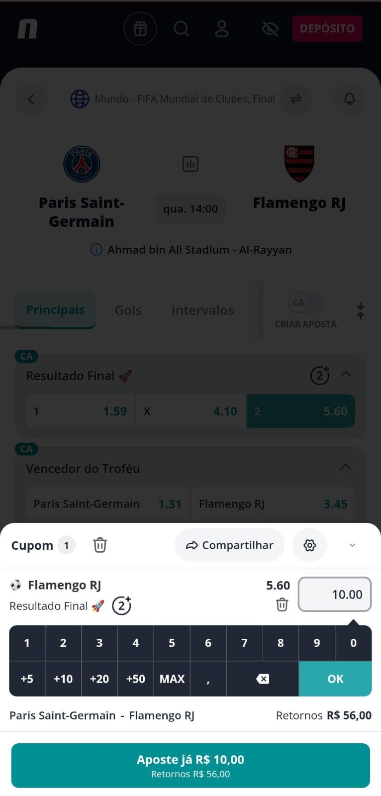 Captura de tela de uma aposta esportiva na Novibet