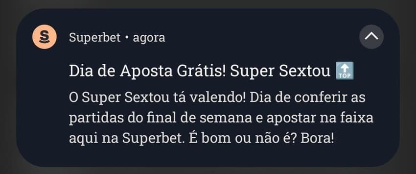 Captura de tela com pop up do Superbet App que avisa sobre aposta grátis