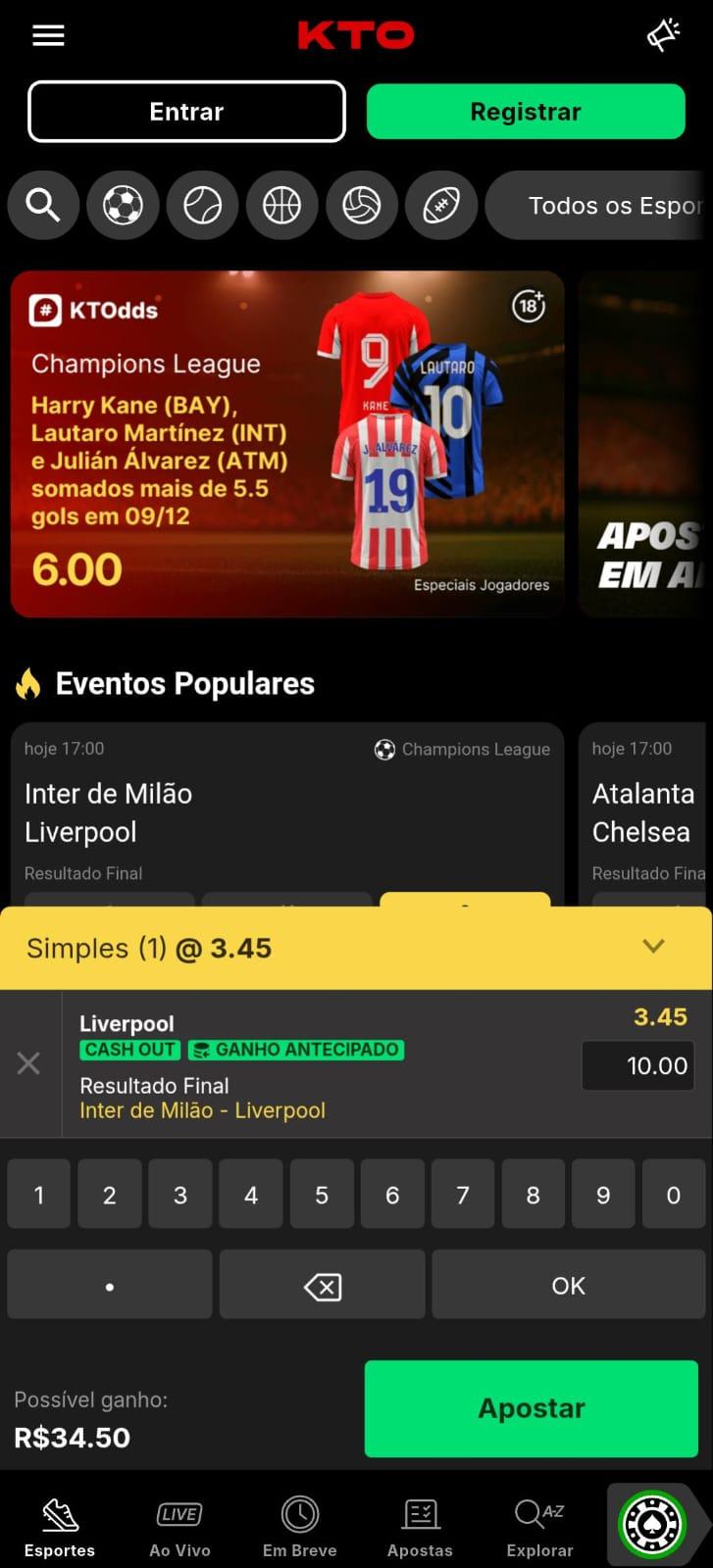 Captura de tela de uma aposta simples no KTO App