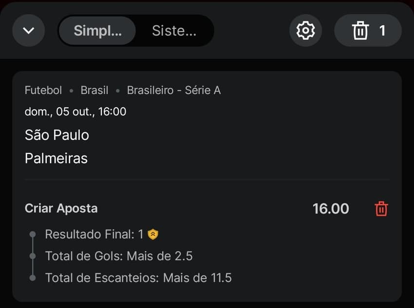 Captura de tela com aposta personalizada no app Superbet