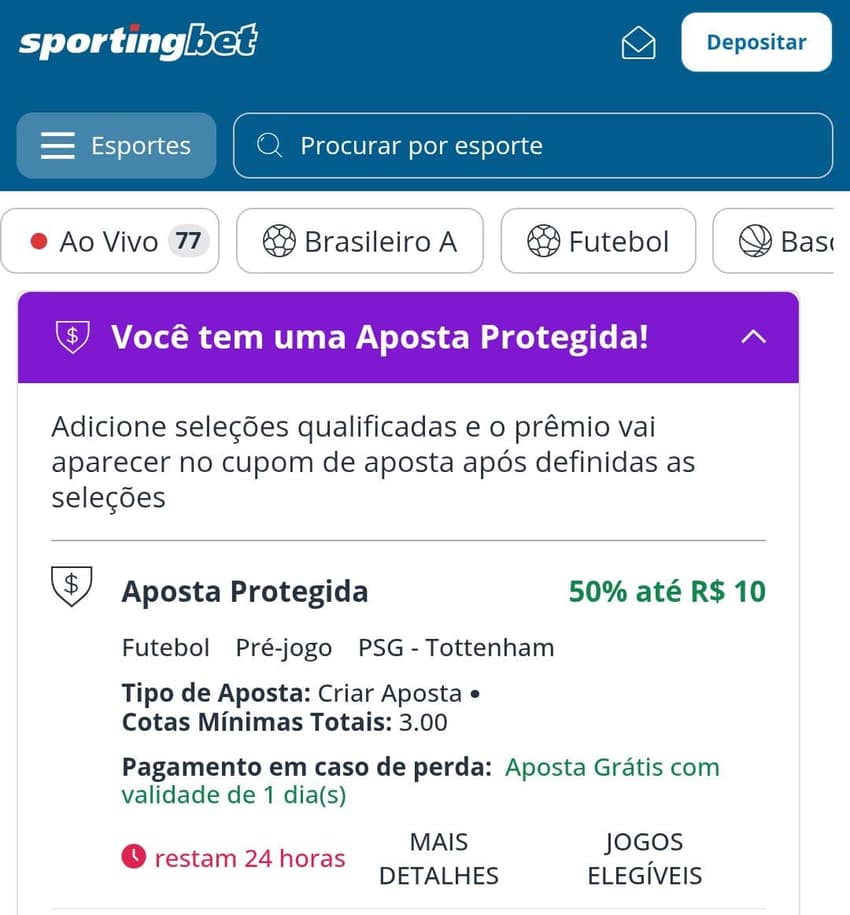  Captura de tela da promoção Sportingbet de Aposta Protegida