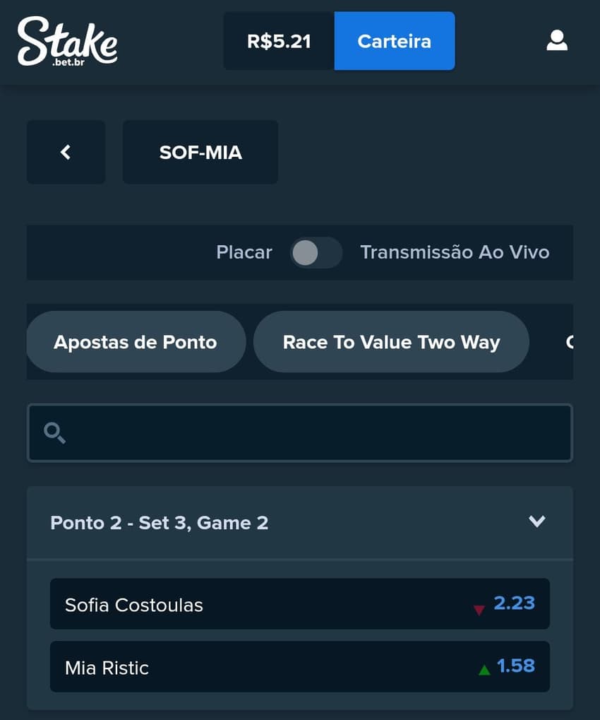 Captura de tela de aposta no tênis na Stake