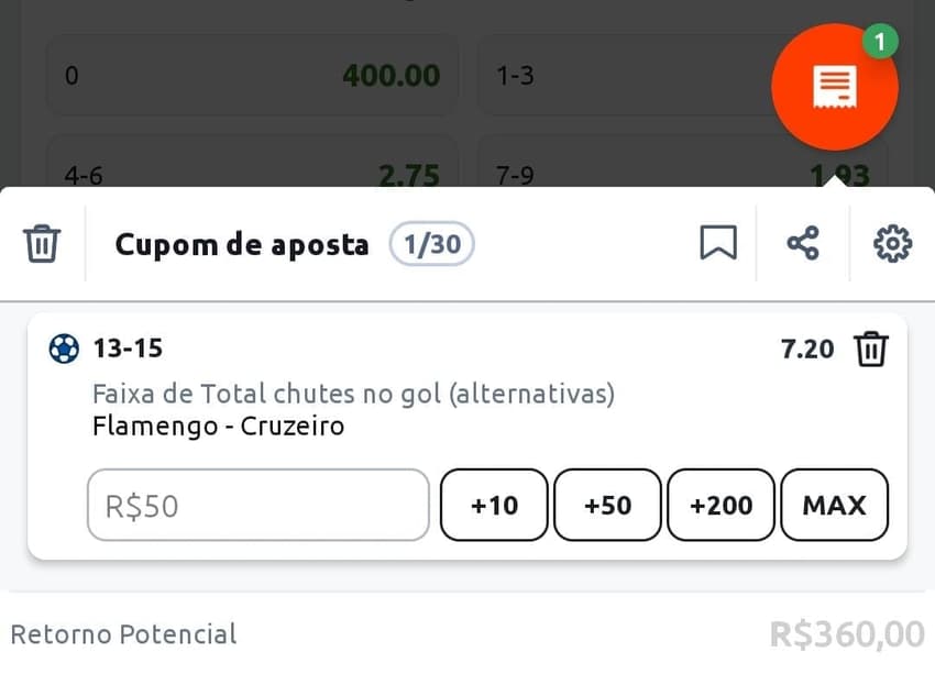 Captura de tela com odds referentes ao momento no mercado Chutes no Gol Betano