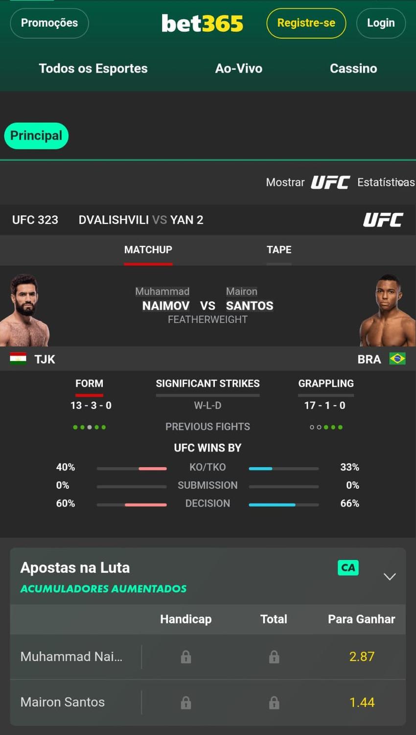 Captura de tela de aposta no UFC na bet365
