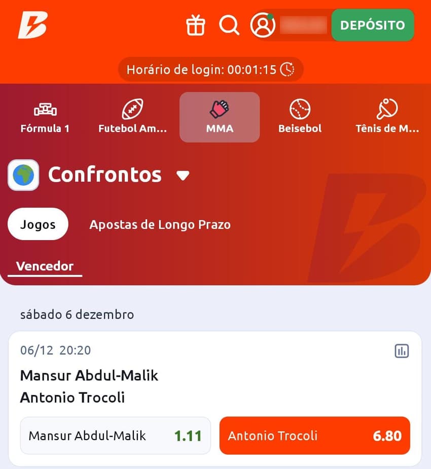 Captura de tela com aposta no UFC na Betano