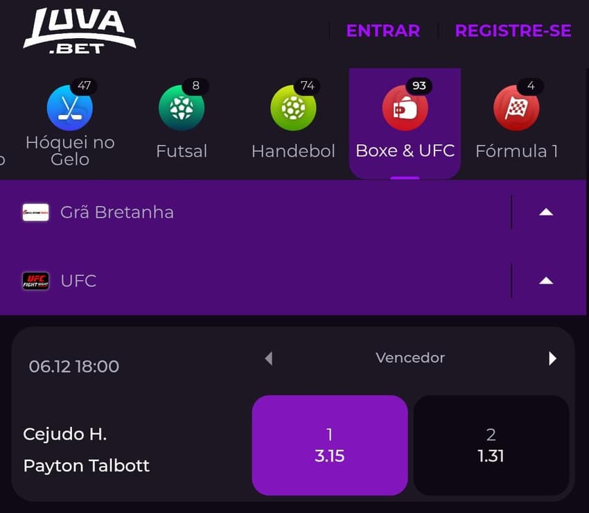 Captura de tela de aposta no UFC na Luvabet