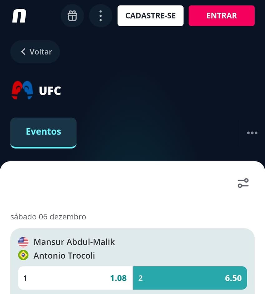 Captura de tela de apostas em UFC na Novibet