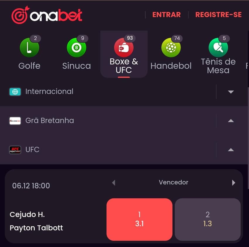 Captura de tela de aposta no UFC na Onabet