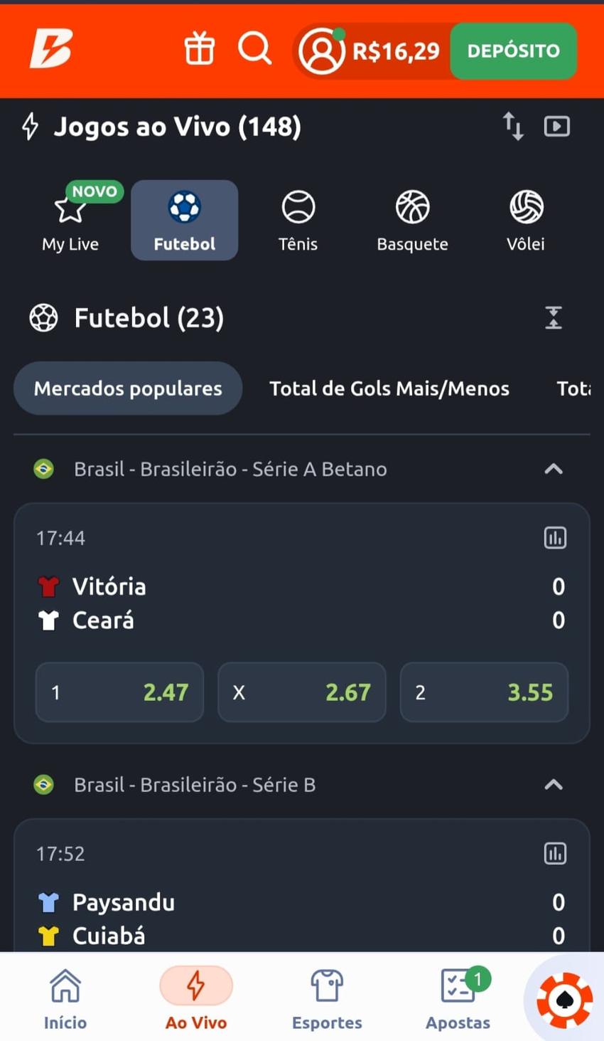 Captura de tela da seção de apostas ao vivo da Betano