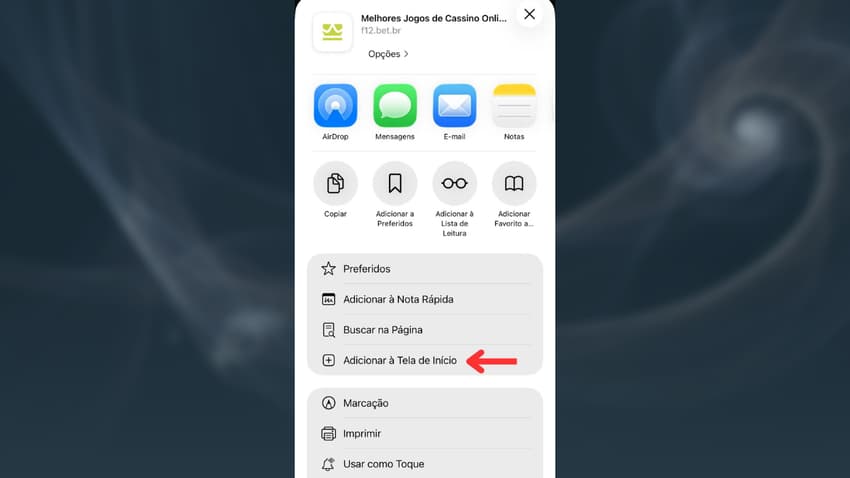 Captura de tela de criação de atalho da F12 Bet no celular