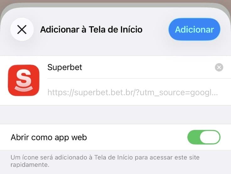 Captura de tela com função "Adicionar à tela de início" da Superbet no iOS