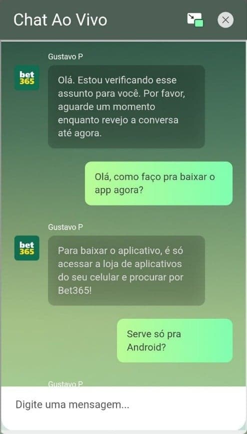 Chat ao vivo com atendente humano na bet365 com respostas sobre baixar o app