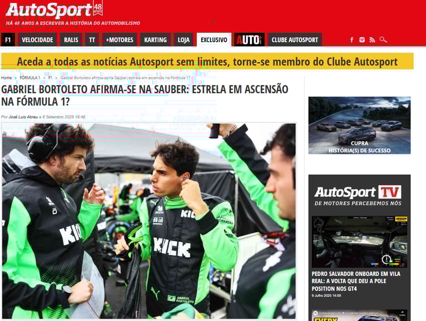 Jornal português "AutoSport" elogia Gabriel Bortoleto