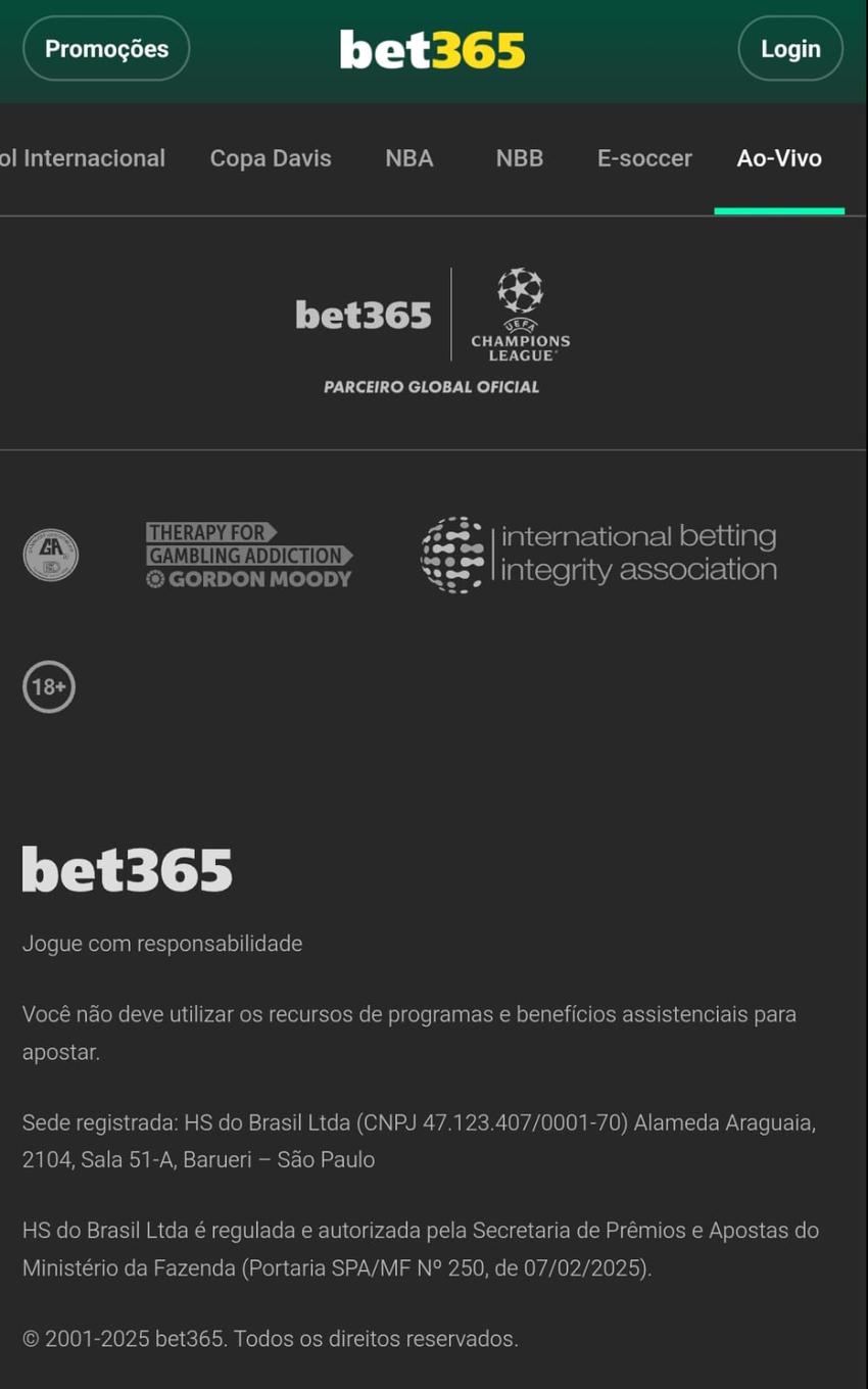 Captura de tela do rodapé da página oficial da Bet365 com detalhes das parcerias e licença de apostas e jogos.