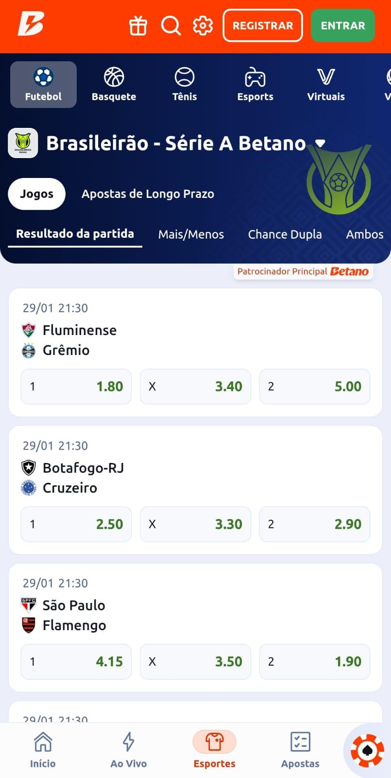 Captura de tela dos jogos disponíveis para apostar no Brasileirão na Betano.