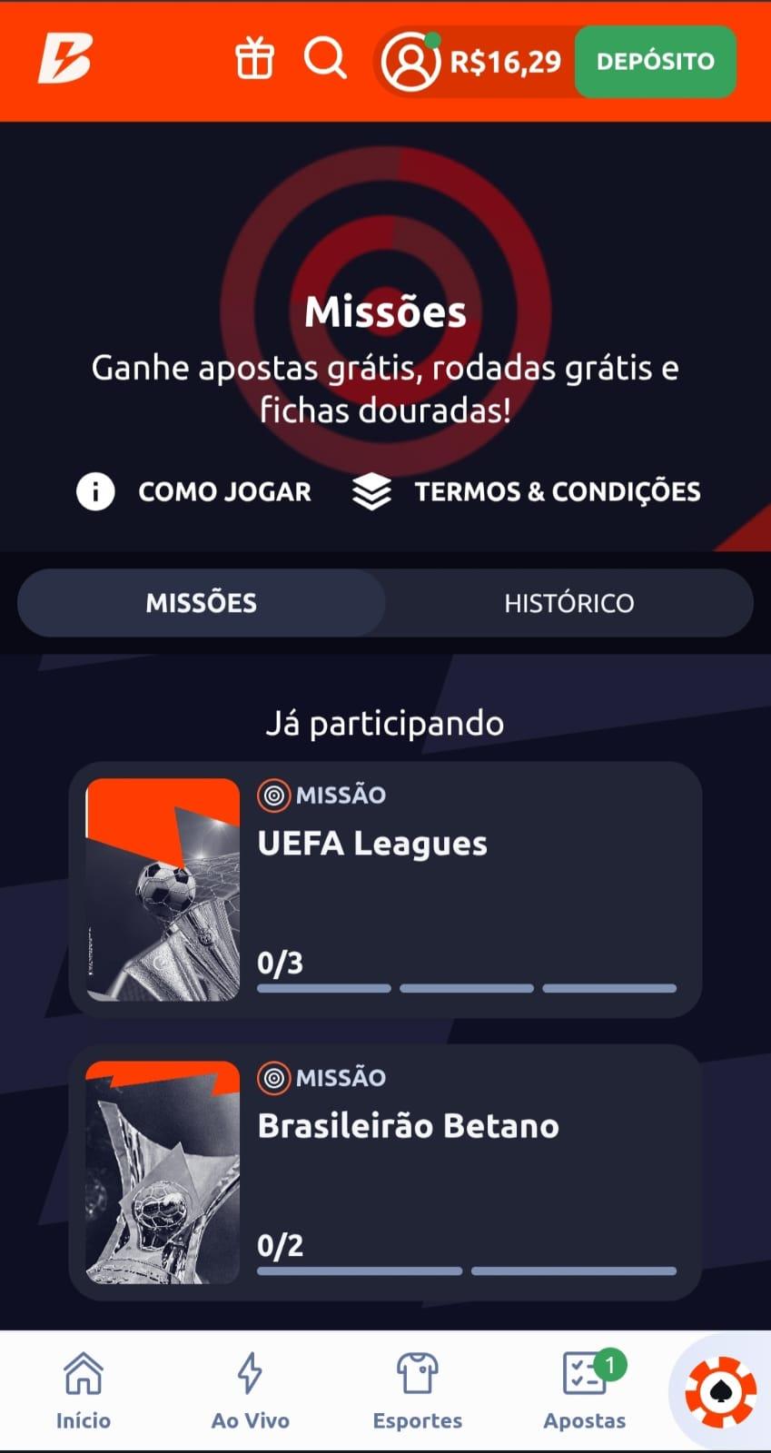 Captura de tela da página das Missões Betano