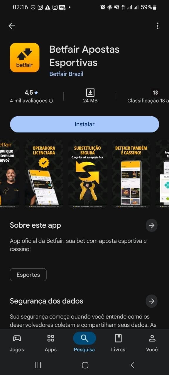 Aplicativo Betfair para download na Google Play Store