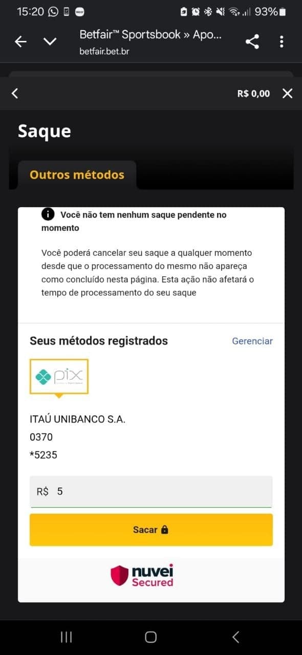 Página de saque na Betfair com valor de R$5 via Pix