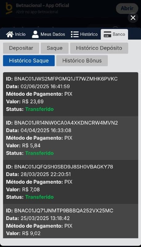 Histórico de saques na Betnacional com valores variados.