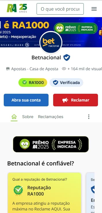 Página da Betnacional no Reclame Aqui com reputação RA1000.