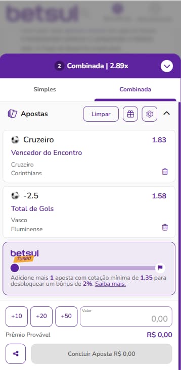 Bilhete de apostas na Betsul com cotações múltiplas