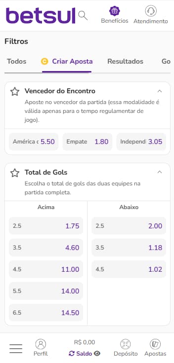 Mercados com Criar Aposta disponível na Betsul em tempo real