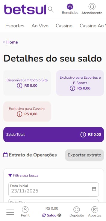 Histórico de apostas na Betsul com o saldo disponível para cada seção