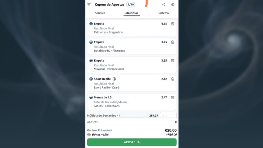 Captura de tela do bilhete de apostas múltiplas na Betano