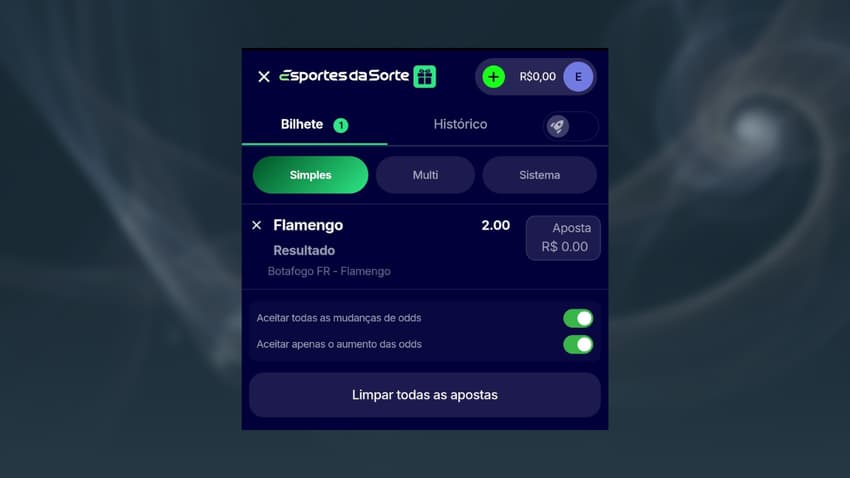 Captura de tela do bilhete de apostas do Esportes da Sorte