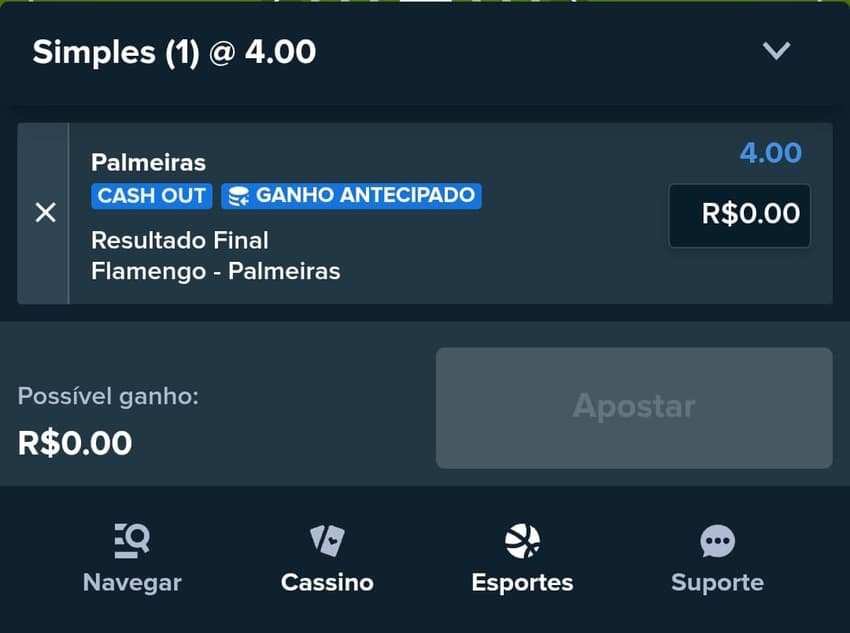 Captura de tela do bilhete de apostas esportivas no Brasileirão.