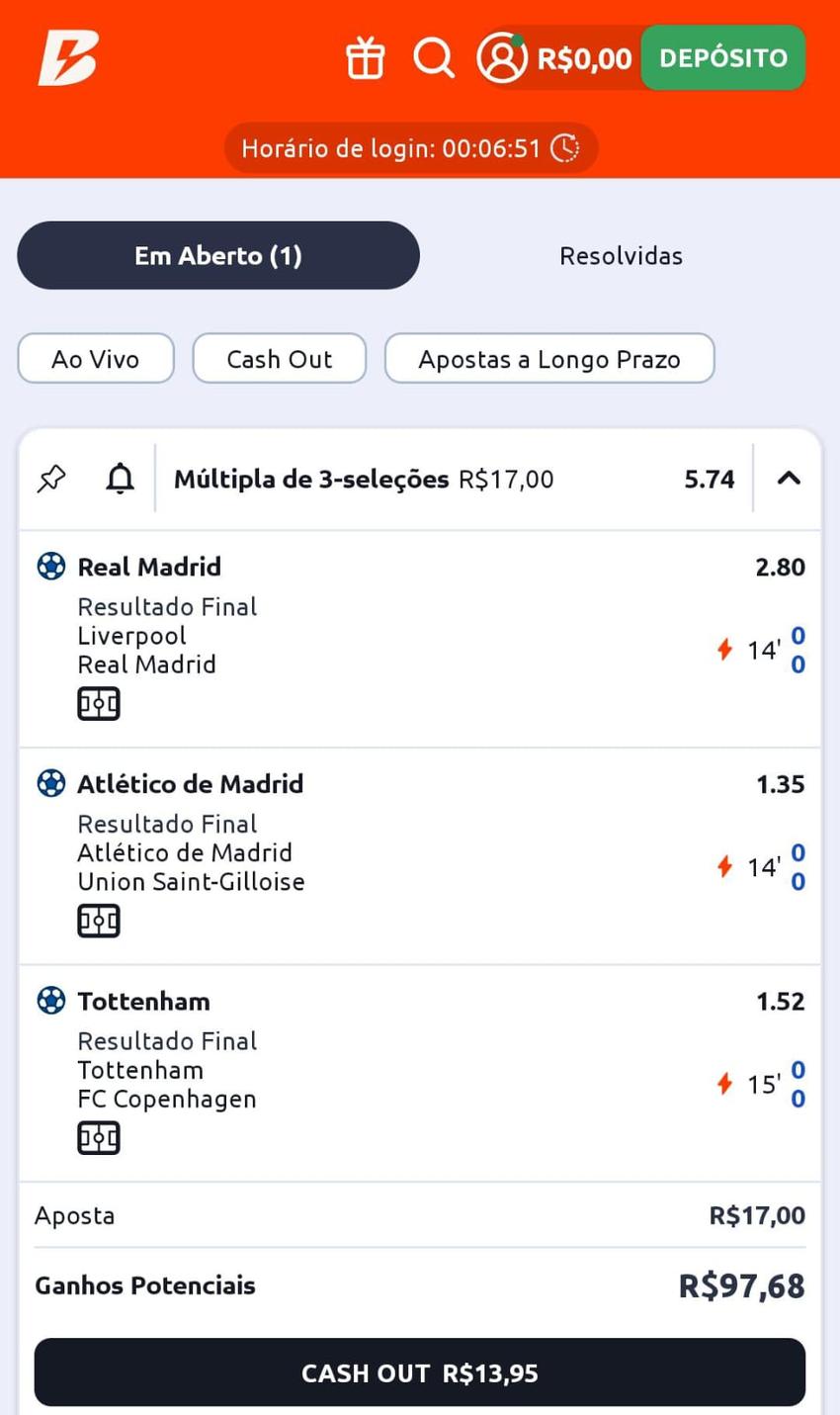 Captura de tela do bilhete de apostas na Betano com cash out disponível.