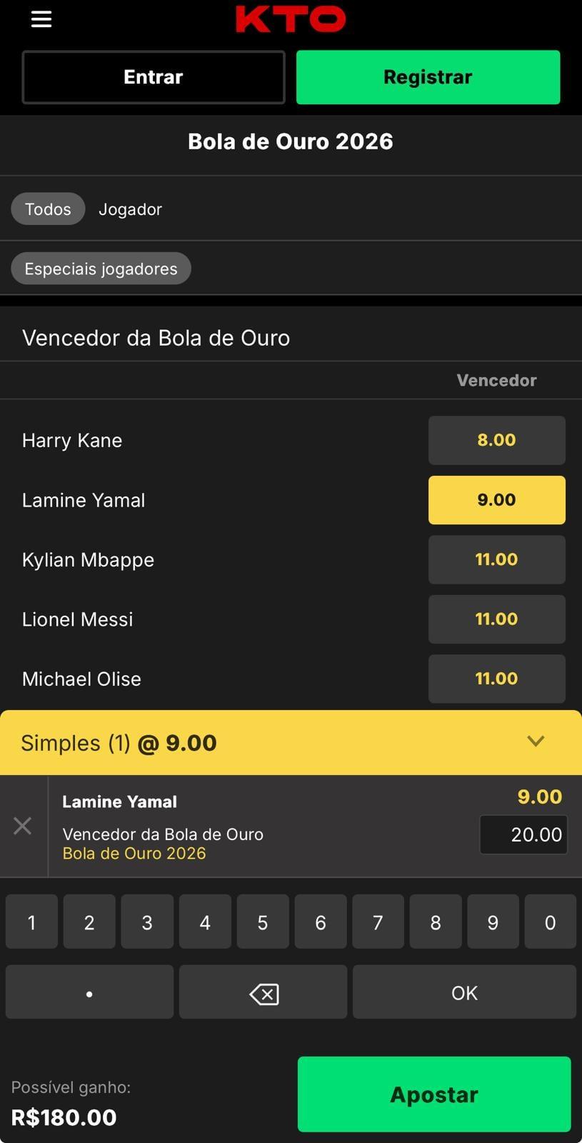 Captura de tela mostra como apostar no Bola de Ouro da Copa do Mundo 2026 na KTO.