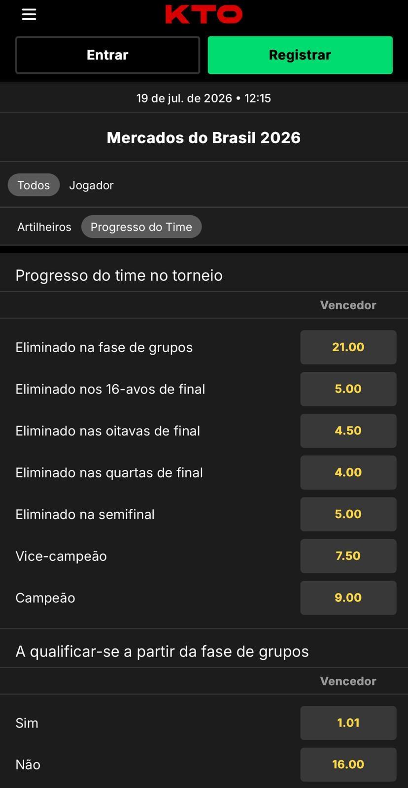 Captura de tela com apostas delongo prazo do Brasil na Copa na KTO.