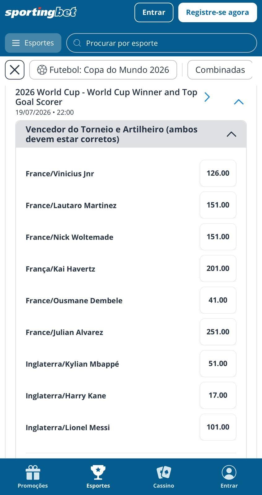  Captura de tela com mercados de longo prazo da Sportingbet na Copa do Mundo 2026.