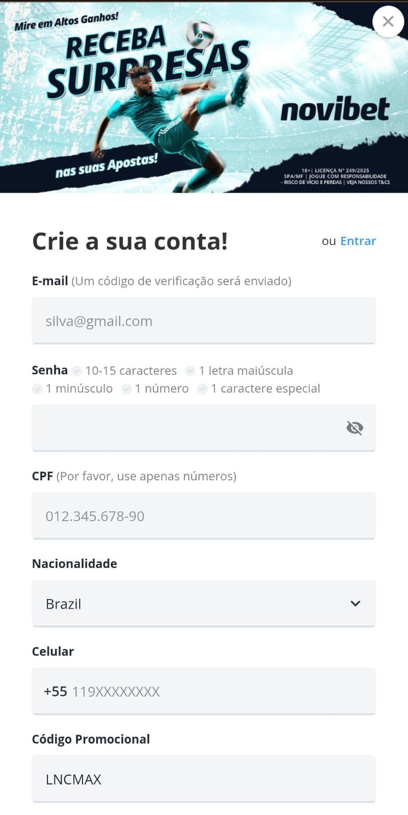 Captura de tela do formulário de cadastro na Novibet