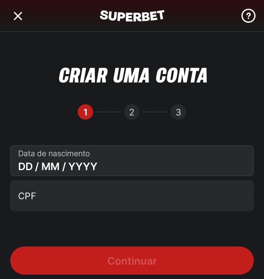 Captura de tela do formulário de cadastro Superbet