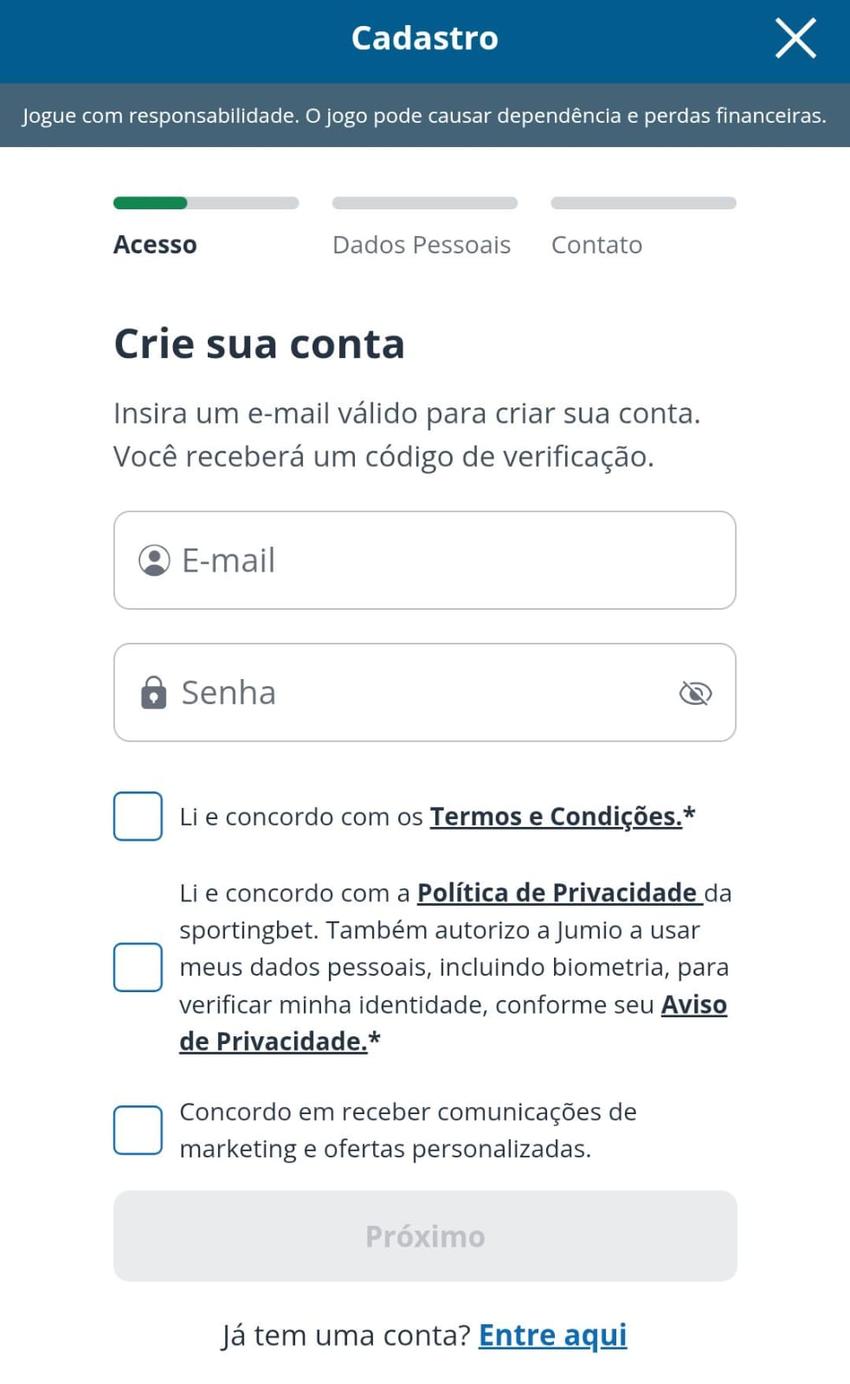 Captura de tela do formulário de cadastro Sportingbet