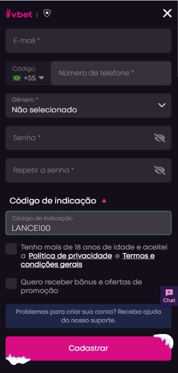 Tela de cadastro da VBet com campo de código de indicação LANCE100
