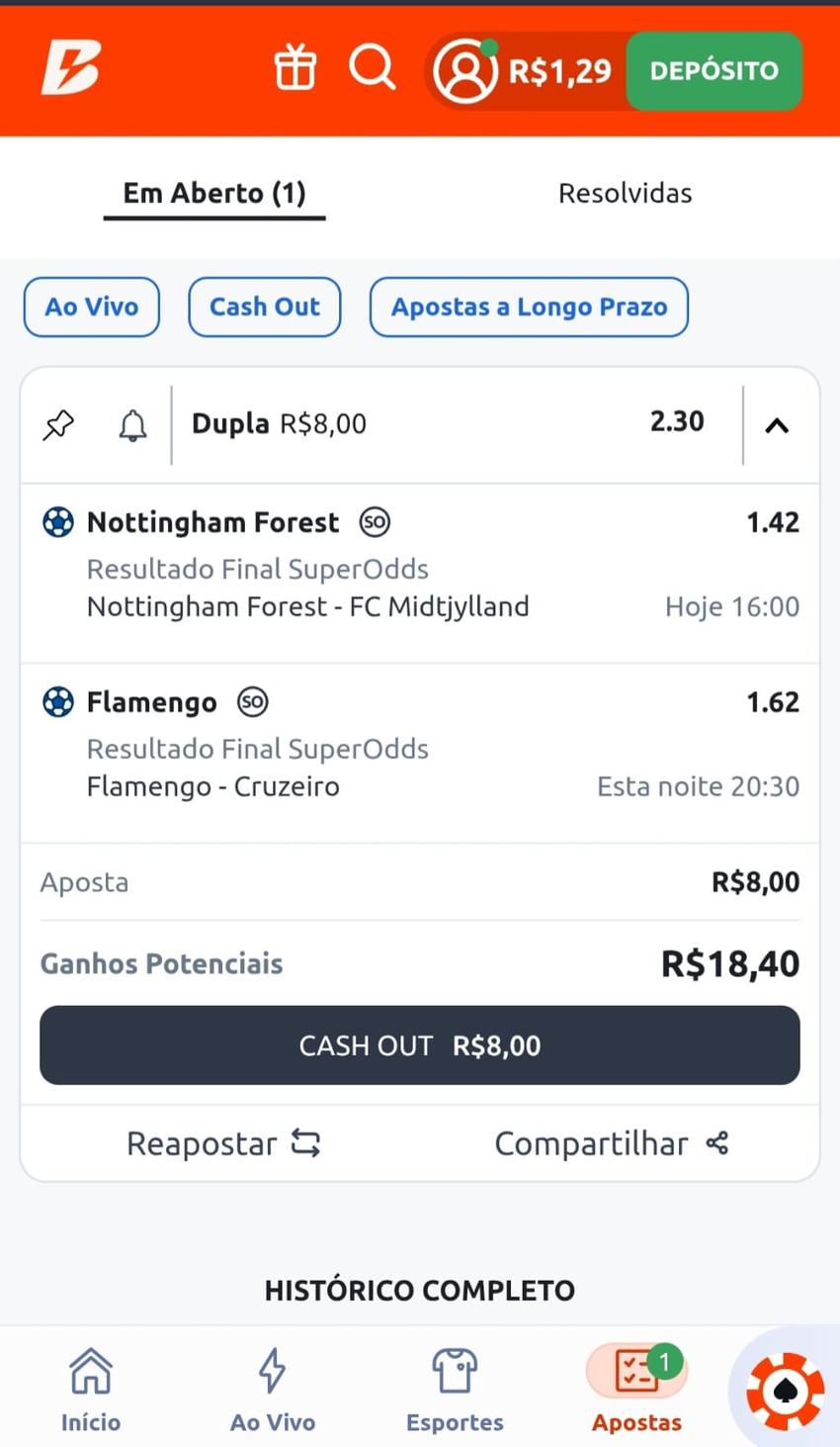 Captura de tela do bilhete de aposta com cash out na Betano