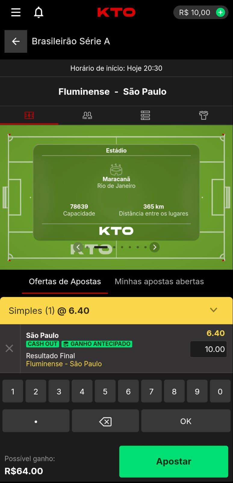 Captura de tela do aviso de cash out KTO disponível no futebol