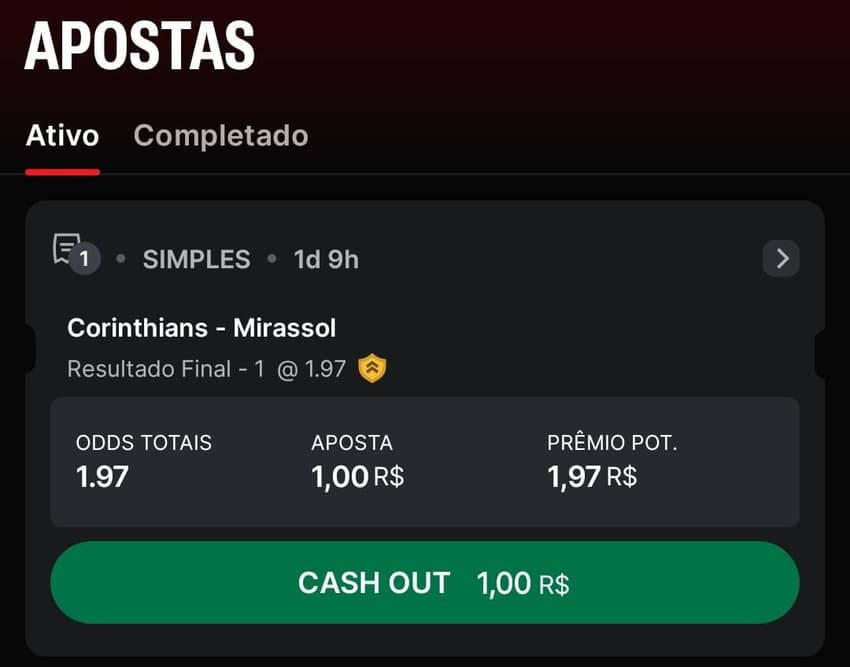 Captura de tela do cash out pelo app Superbet