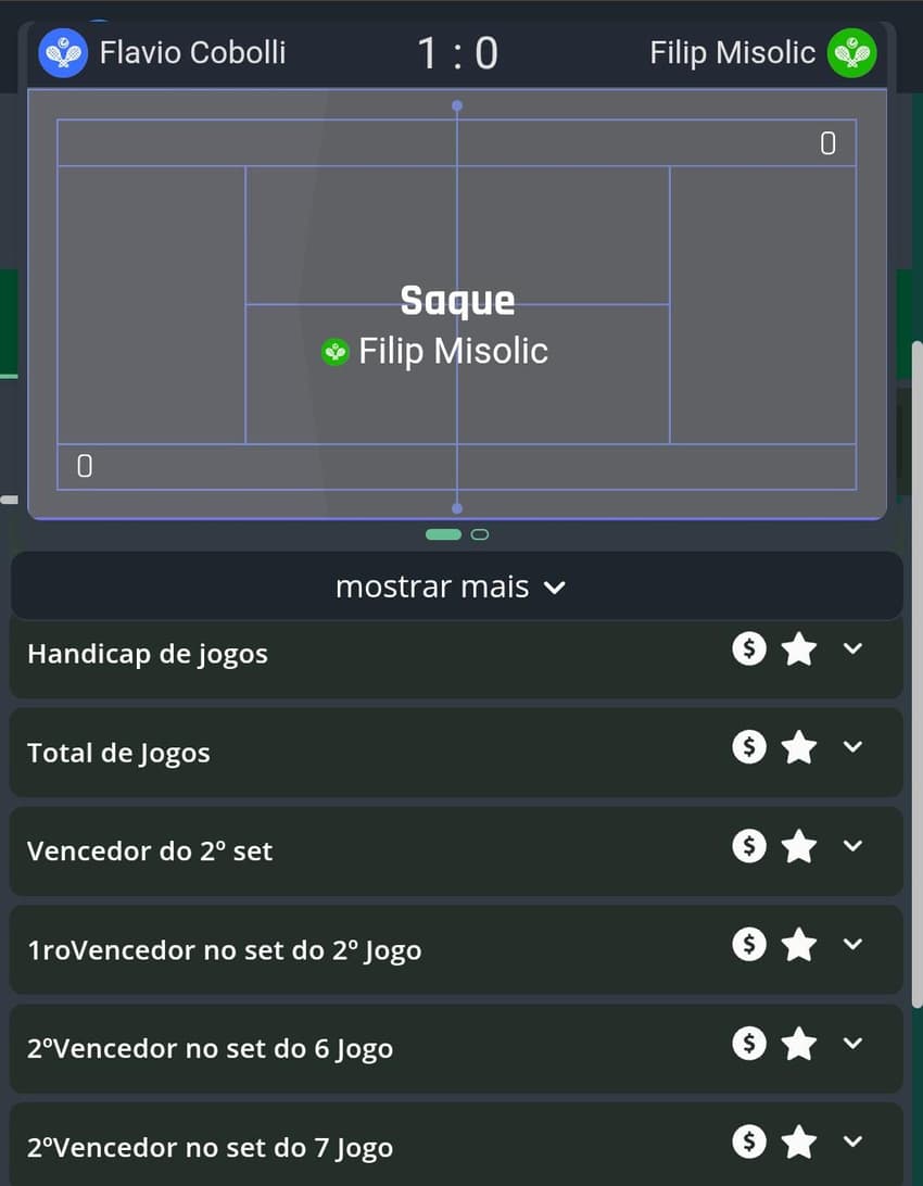 Captura de tela de mercados com cash out no tênis na Segurobet