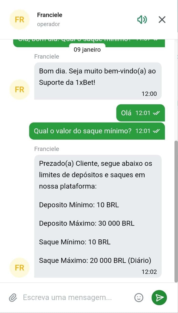 Chat ao vivo da 1xBet informando limites de saque e depósito